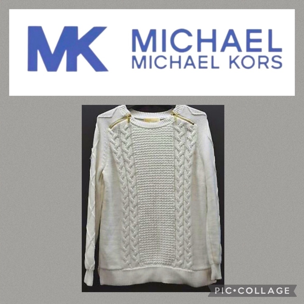 MICHAEL Michael Kors Grey Cable Knit Cotton Blend Chunky Sweater w/Shldr Zippers